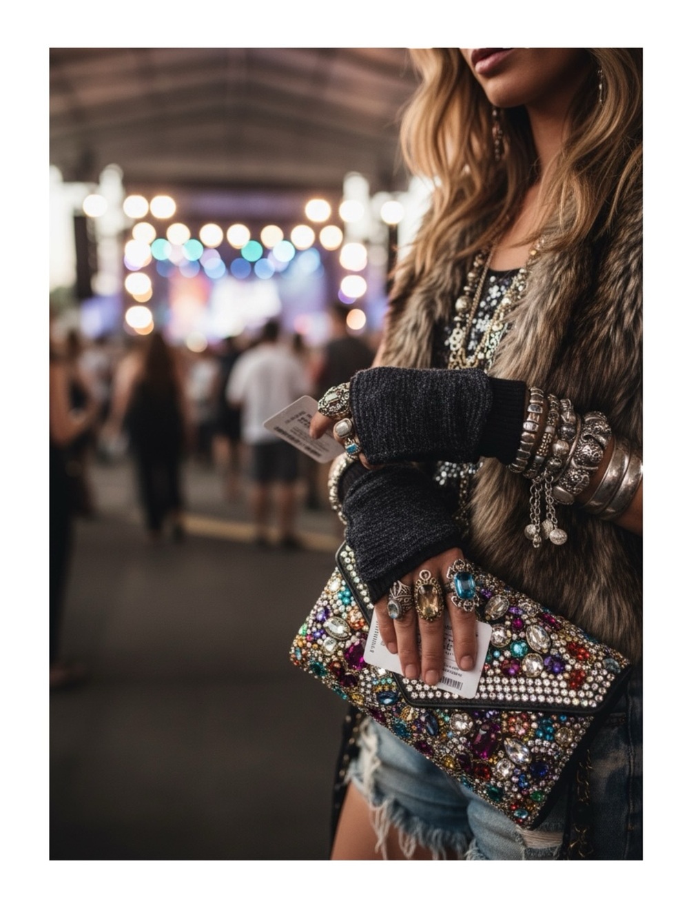 Rare: new Pencey ✵ Fringe Fingerless Gloves ✵ Black Metallic ✵ Edgy Chic Blingy